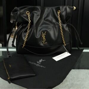 Yves Saint Laurent Black Leather Drawstring Shoulder Bag with Gold Hardware